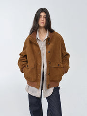 Vintage imported suede sheepskin leather ribbed patchwork jacket