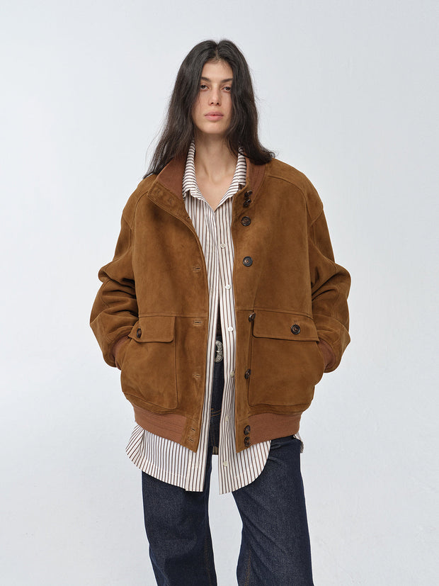 Vintage imported suede sheepskin leather ribbed patchwork jacket