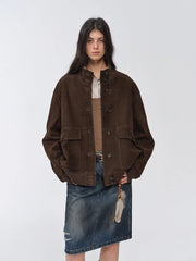 Vintage imported suede sheepskin leather ribbed patchwork jacket