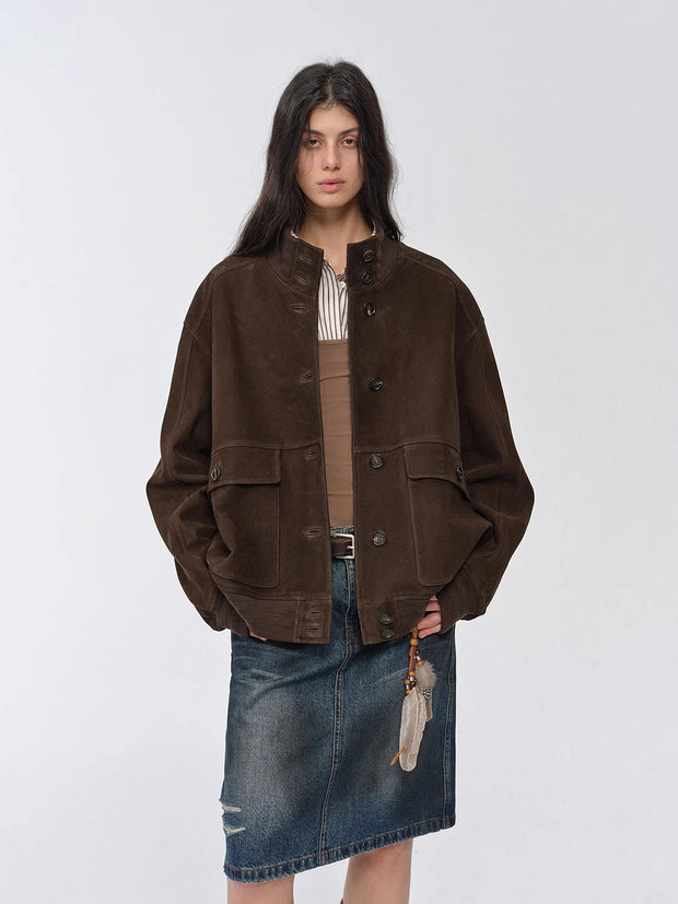 Vintage imported suede sheepskin leather ribbed patchwork jacket