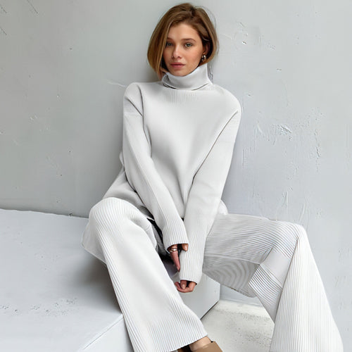 Casual Knitted Two-piece Turtleneck And Wide Leg Pants Women Loose