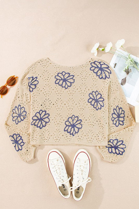 Women Flower Print Eyelet Drop Shoulder Sweater