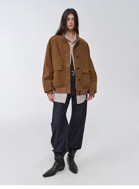 Vintage imported suede sheepskin leather ribbed patchwork jacket