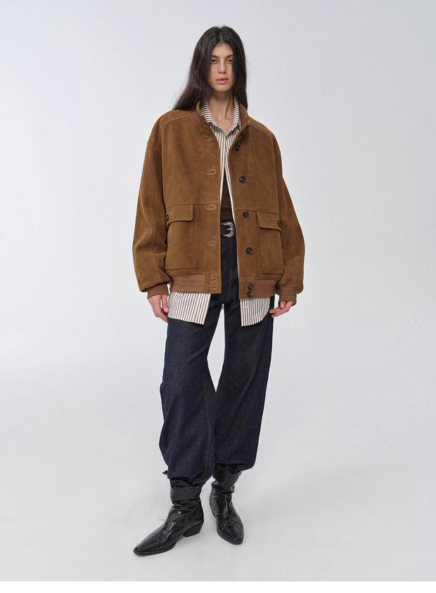 Vintage imported suede sheepskin leather ribbed patchwork jacket