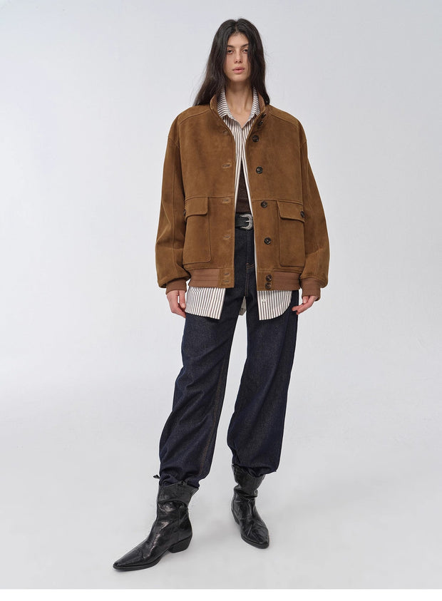 Vintage imported suede sheepskin leather ribbed patchwork jacket