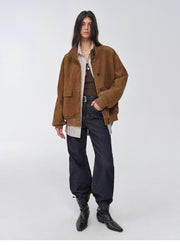 Vintage imported suede sheepskin leather ribbed patchwork jacket