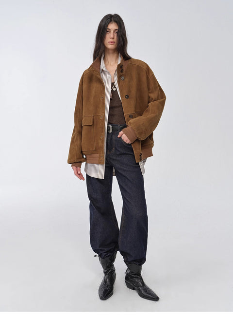 Vintage imported suede sheepskin leather ribbed patchwork jacket