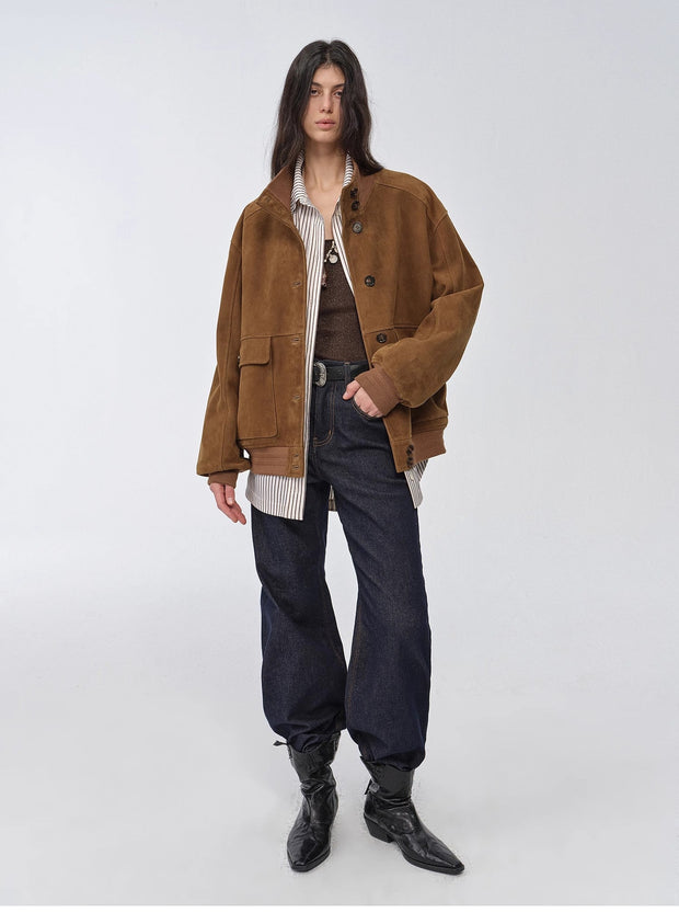 Vintage imported suede sheepskin leather ribbed patchwork jacket