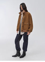 Vintage imported suede sheepskin leather ribbed patchwork jacket