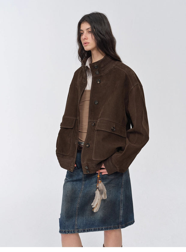 Vintage imported suede sheepskin leather ribbed patchwork jacket