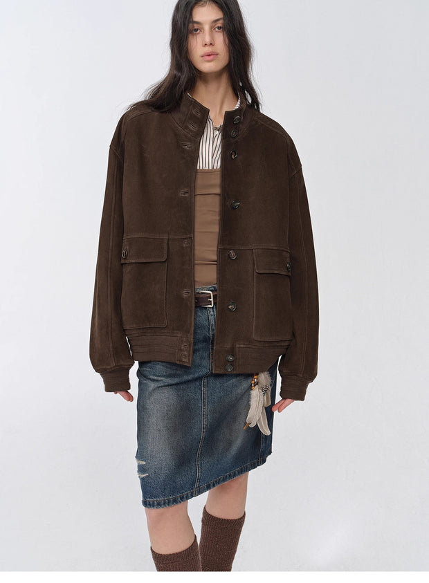Vintage imported suede sheepskin leather ribbed patchwork jacket