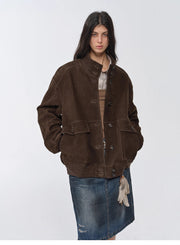 Vintage imported suede sheepskin leather ribbed patchwork jacket