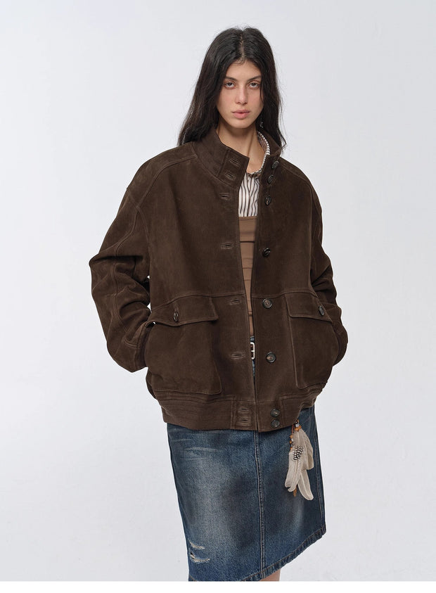 Vintage imported suede sheepskin leather ribbed patchwork jacket