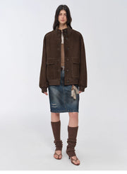 Vintage imported suede sheepskin leather ribbed patchwork jacket