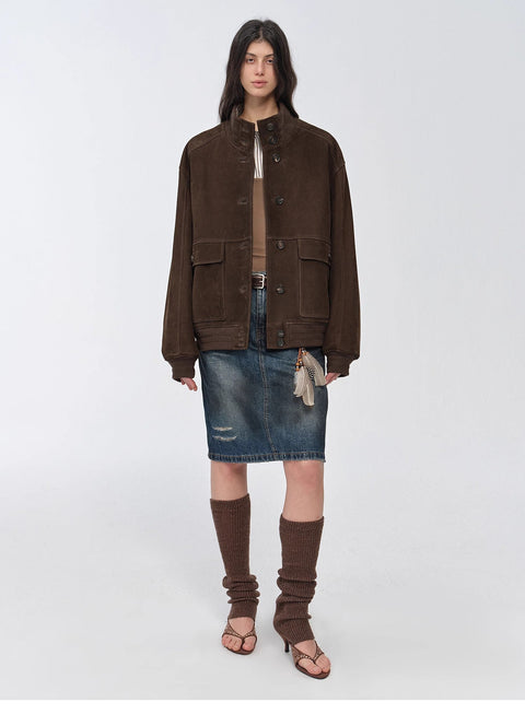 Vintage imported suede sheepskin leather ribbed patchwork jacket