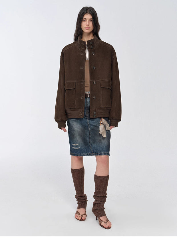 Vintage imported suede sheepskin leather ribbed patchwork jacket