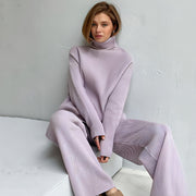 Casual Knitted Two-piece Turtleneck And Wide Leg Pants Women Loose