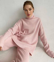 Casual Knitted Two-piece Turtleneck And Wide Leg Pants Women Loose