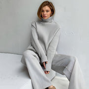 Casual Knitted Two-piece Turtleneck And Wide Leg Pants Women Loose