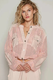 POL Texture Woven Button Down Hooded Shirt with Drawstring Hem
