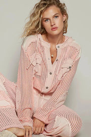 POL Texture Woven Button Down Hooded Shirt with Drawstring Hem