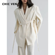 CHIC VEN Women Blazer Design Wide Shoulder Ribbon Solid Women's Medium