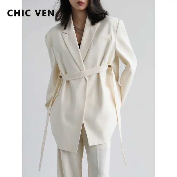CHIC VEN Women Blazer Design Wide Shoulder Ribbon Solid Women's Medium