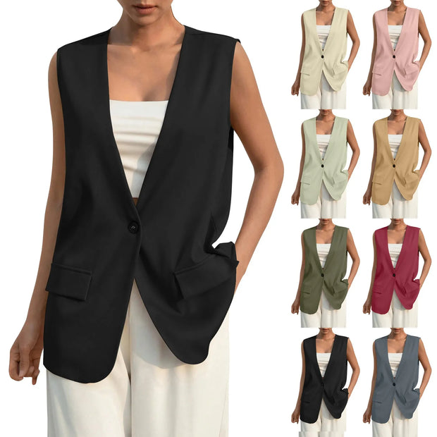 Fashion Design Suit Vest Lady Vintage V-neck Work Casual Loose