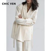 CHIC VEN Women Blazer Design Wide Shoulder Ribbon Solid Women's Medium