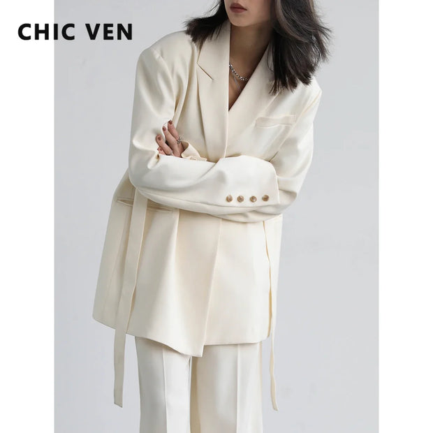 CHIC VEN Women Blazer Design Wide Shoulder Ribbon Solid Women's Medium