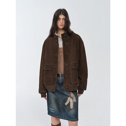 Vintage imported suede sheepskin leather ribbed patchwork jacket