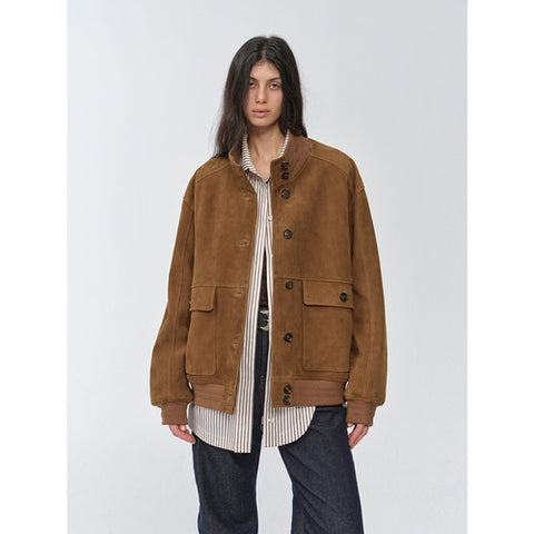 Vintage imported suede sheepskin leather ribbed patchwork jacket