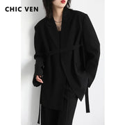 CHIC VEN Women Blazer Design Wide Shoulder Ribbon Solid Women's Medium