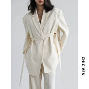 CHIC VEN Women Blazer Design Wide Shoulder Ribbon Solid Women's Medium