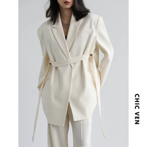 CHIC VEN Women Blazer Design Wide Shoulder Ribbon Solid Women's Medium