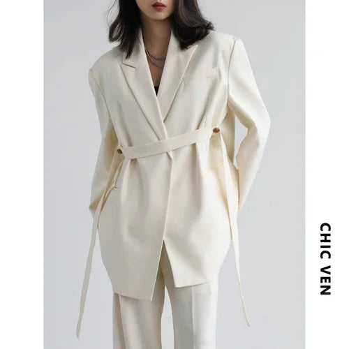 CHIC VEN Women Blazer Design Wide Shoulder Ribbon Solid Women's Medium