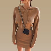 Casual hooded collar women sweater dress Bat sleeves drawstring ladies