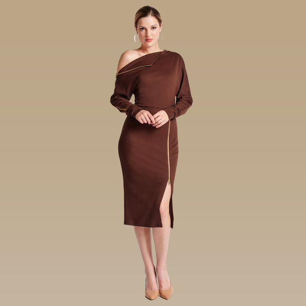 Josefa Asymmetric Dress -  Long sleeve convertible midi dress with