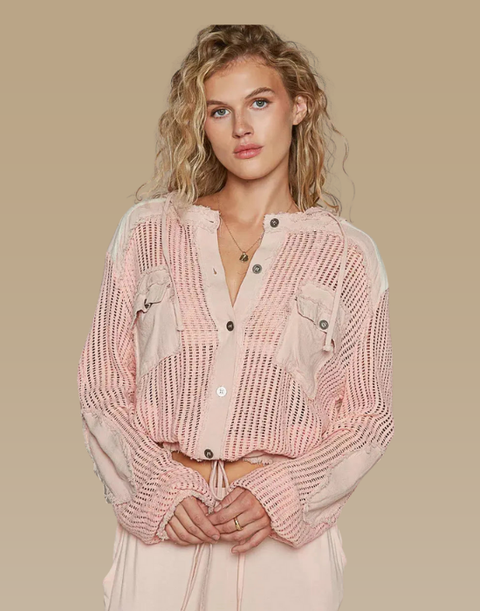 POL Texture Woven Button Down Hooded Shirt with Drawstring Hem