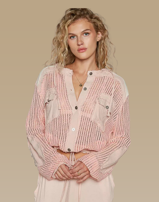 POL Texture Woven Button Down Hooded Shirt with Drawstring Hem