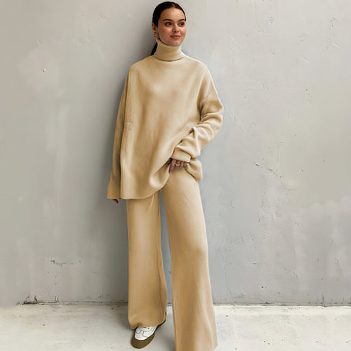 Casual Knitted Two-piece Turtleneck And Wide Leg Pants Women Loose