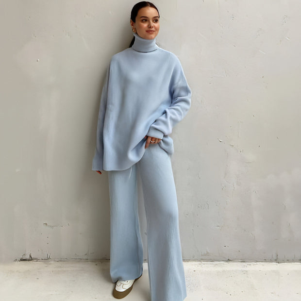 Casual Knitted Two-piece Turtleneck And Wide Leg Pants Women Loose