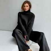 Casual Knitted Two-piece Turtleneck And Wide Leg Pants Women Loose