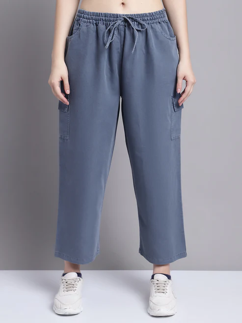 Women Grey multi pocket denim finish Culottes cargo cotton Pant 28