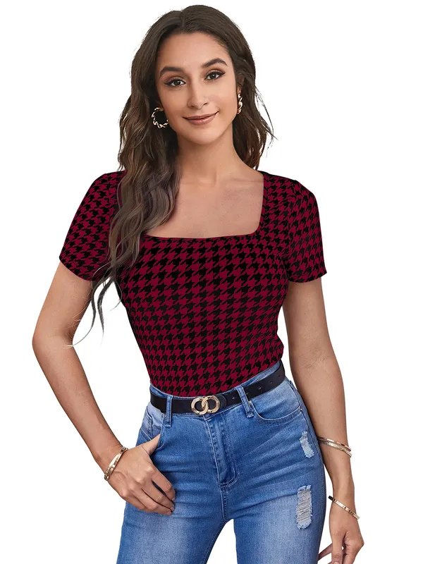 Polyester Knitting Square Neck Top for Women (Size-L) (Color-MAROON)